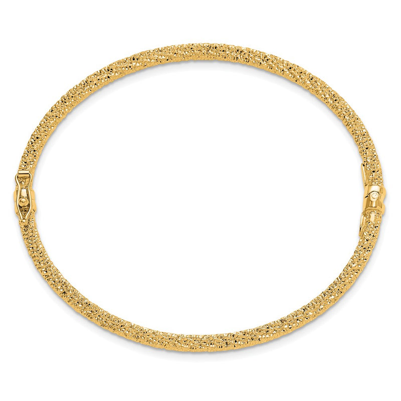 14K Yellow Gold Polished/Textured And Diamond Cut Twisted Hinged Bangle