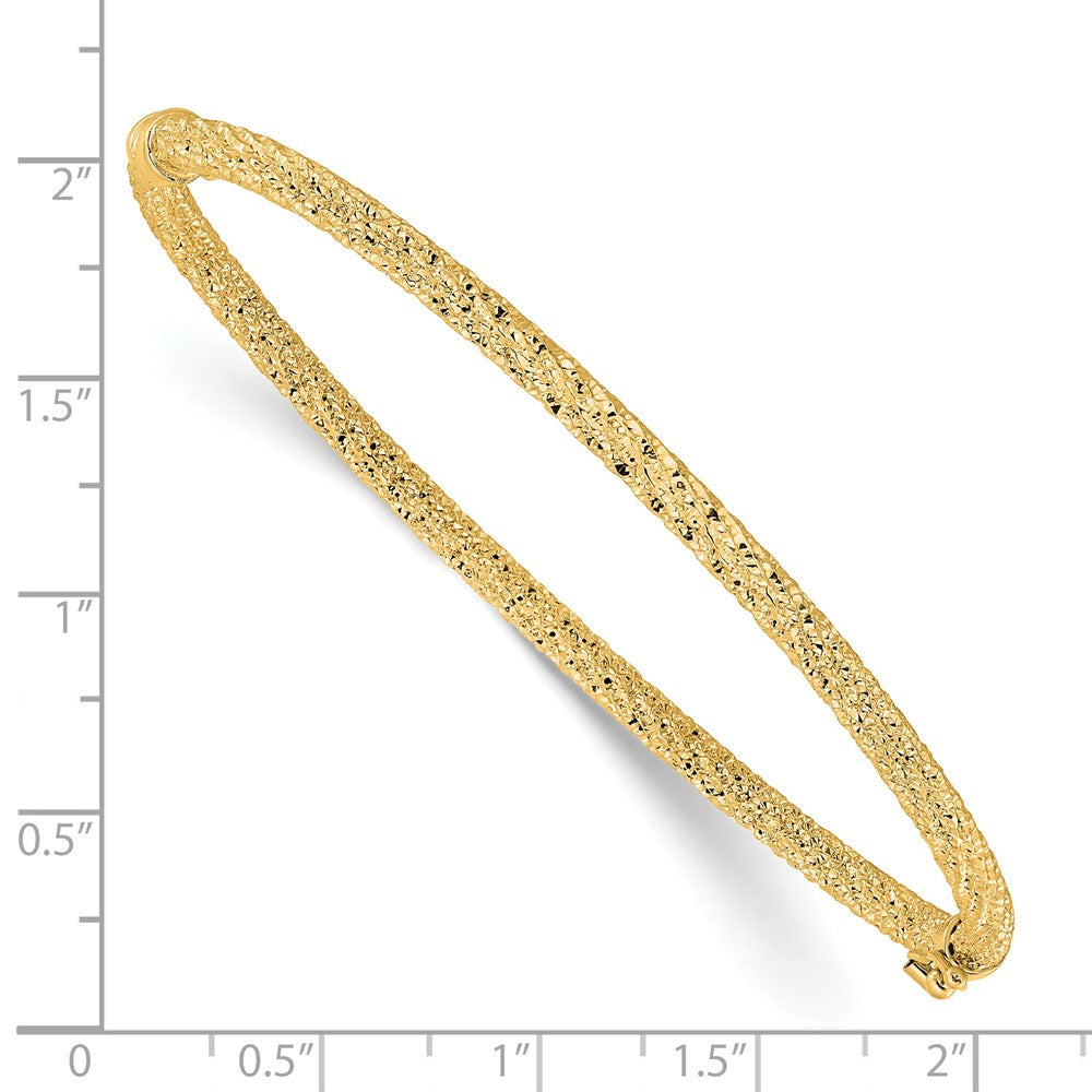14K Yellow Gold Polished/Textured And Diamond Cut Twisted Hinged Bangle