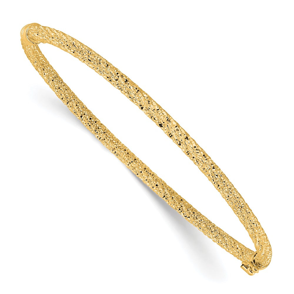 14K Yellow Gold Polished/Textured And Diamond Cut Twisted Hinged Bangle