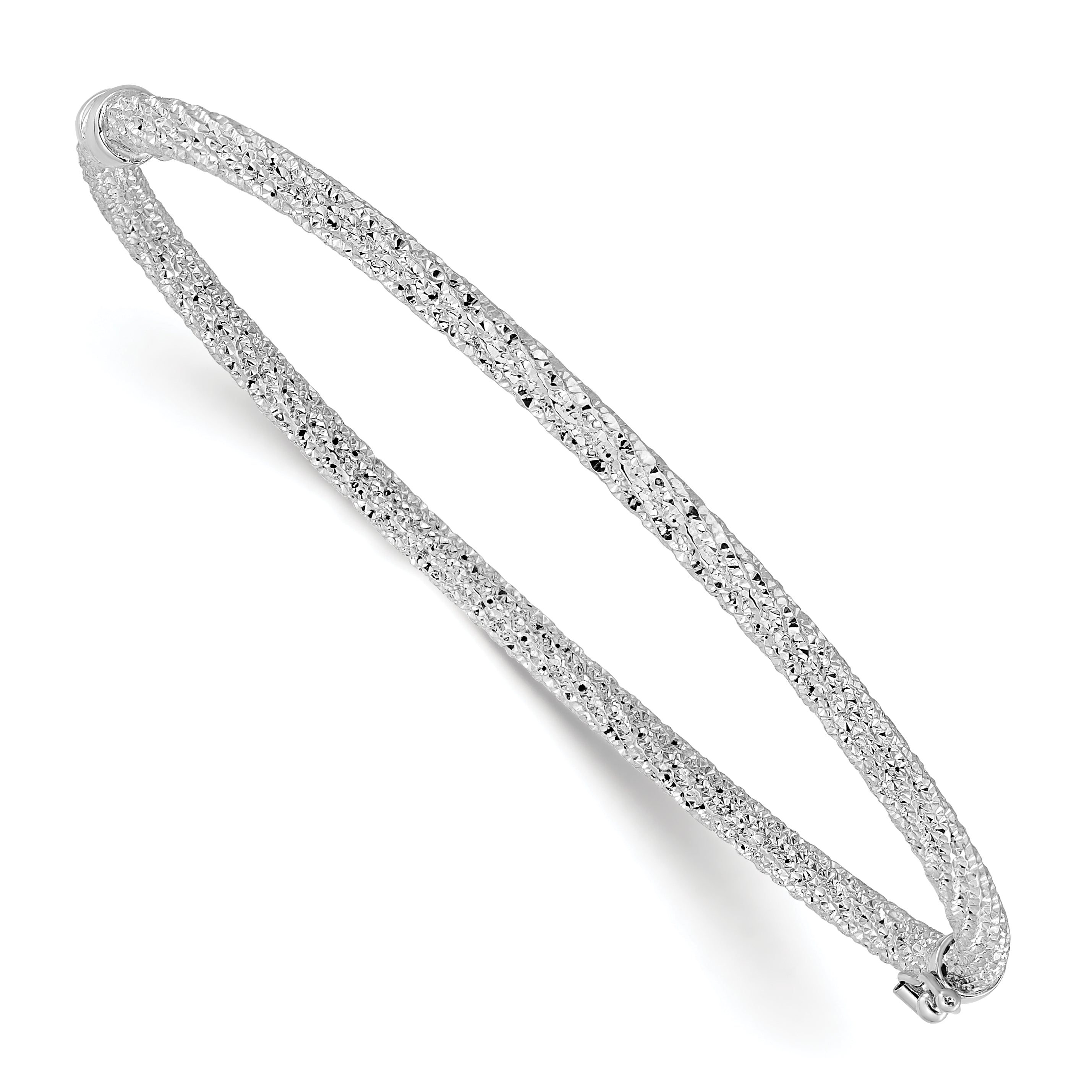 14K Yellow & Rhodium Rh Plat Polish/Texture/Dia Cut Twist Hinged Bangle
