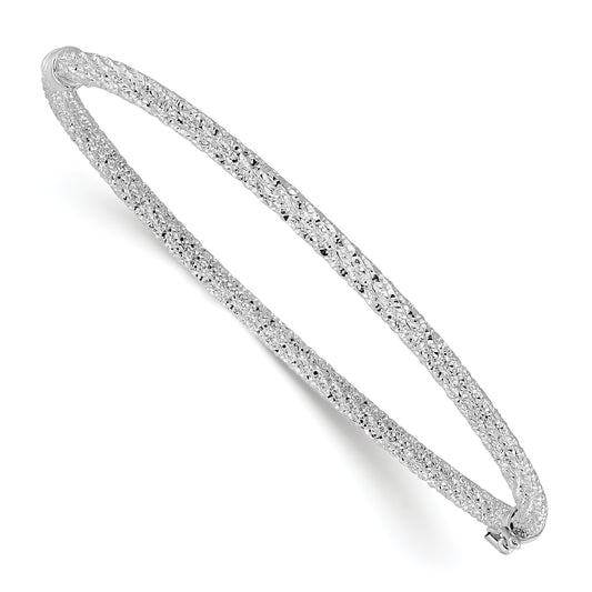 14K Yellow & Rhodium Rh Plat Polish/Texture/Dia Cut Twist Hinged Bangle