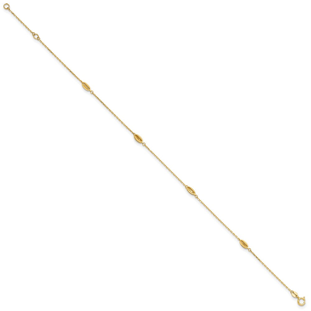 14K Yellow Gold Polished and Textured Station 9in Plus 1in Ext. Anklet