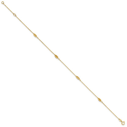14K Yellow Gold Polished and Textured Station 9in Plus 1in Ext. Anklet