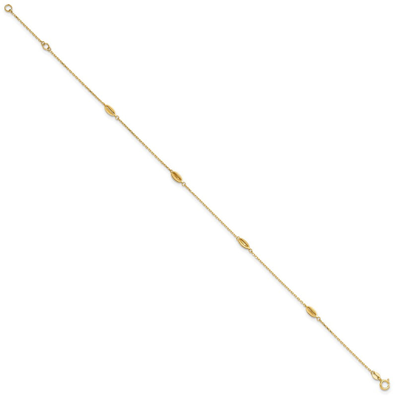 14K Yellow Gold Polished and Textured Station 9in Plus 1in Ext. Anklet