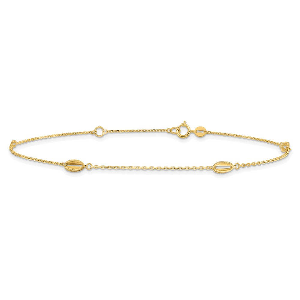 14K Yellow Gold Polished and Textured Station 9in Plus 1in Ext. Anklet