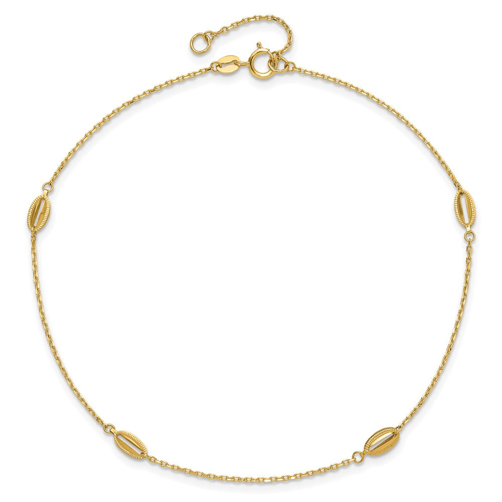 14K Yellow Gold Polished and Textured Station 9in Plus 1in Ext. Anklet