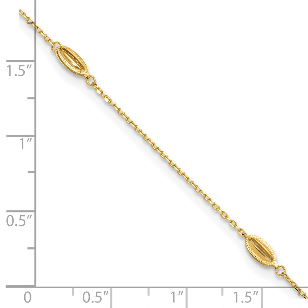 14K Yellow Gold Polished and Textured Station 9in Plus 1in Ext. Anklet