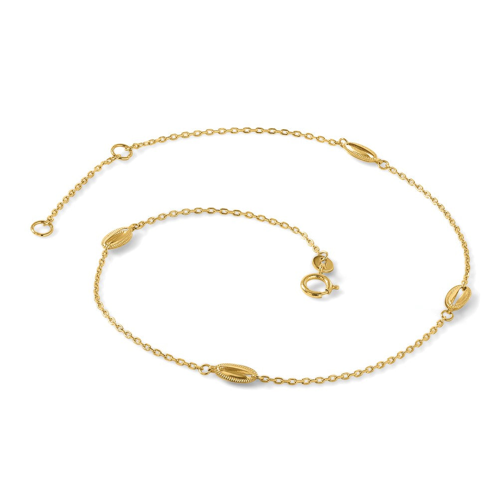 14K Yellow Gold Polished and Textured Station 9in Plus 1in Ext. Anklet