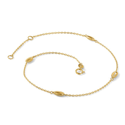 14K Yellow Gold Polished and Textured Station 9in Plus 1in Ext. Anklet