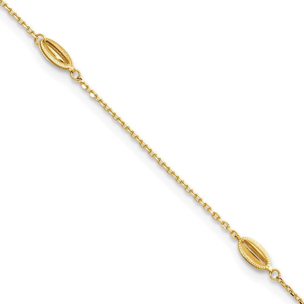 14K Yellow Gold Polished and Textured Station 9in Plus 1in Ext. Anklet