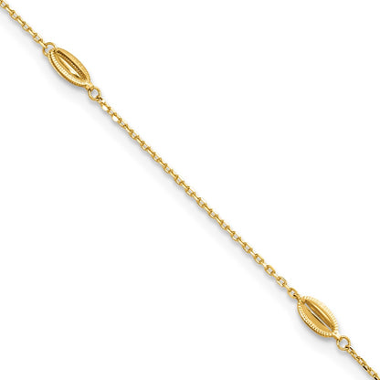 14K Yellow Gold Polished and Textured Station 9in Plus 1in Ext. Anklet