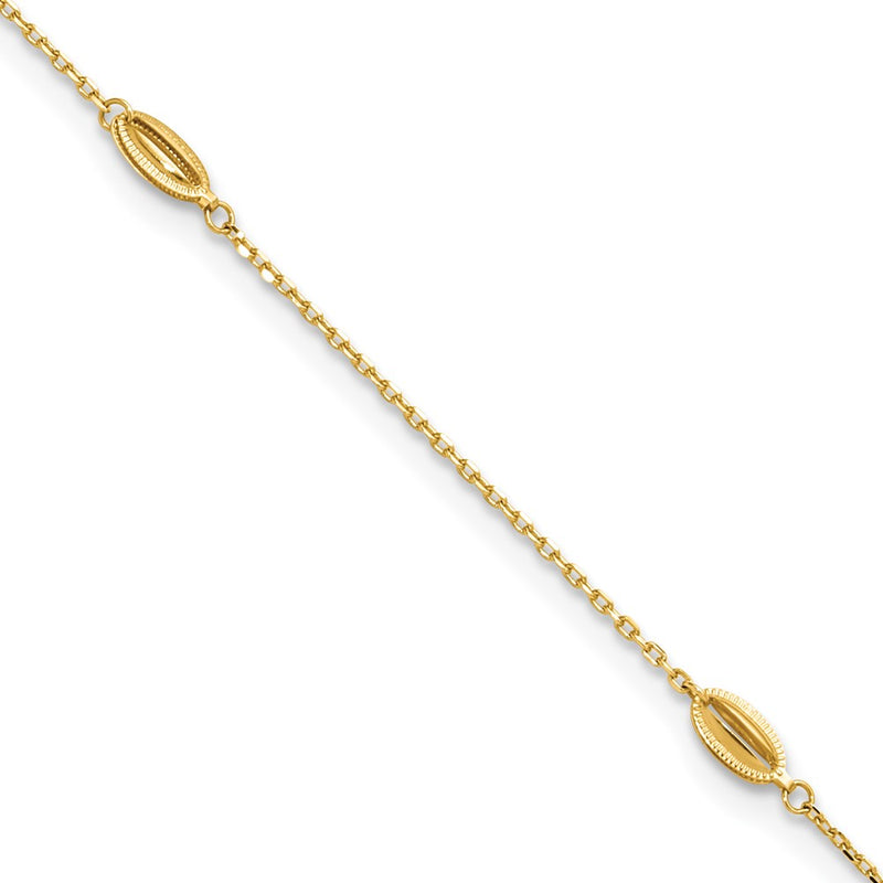 14K Yellow Gold Polished and Textured Station 9in Plus 1in Ext. Anklet