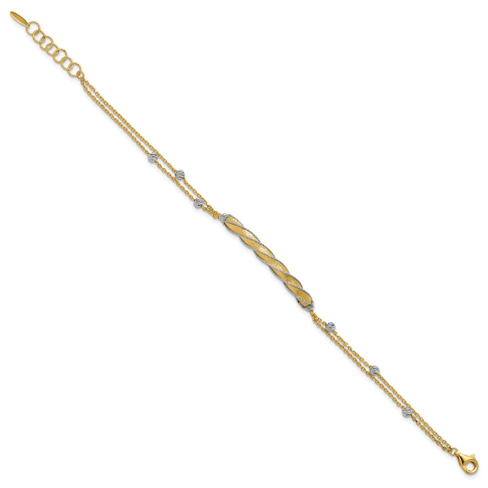 14K Two Tone Polish/Satin/Dia Cut Fancy Bar 1In Ext. Bracelet