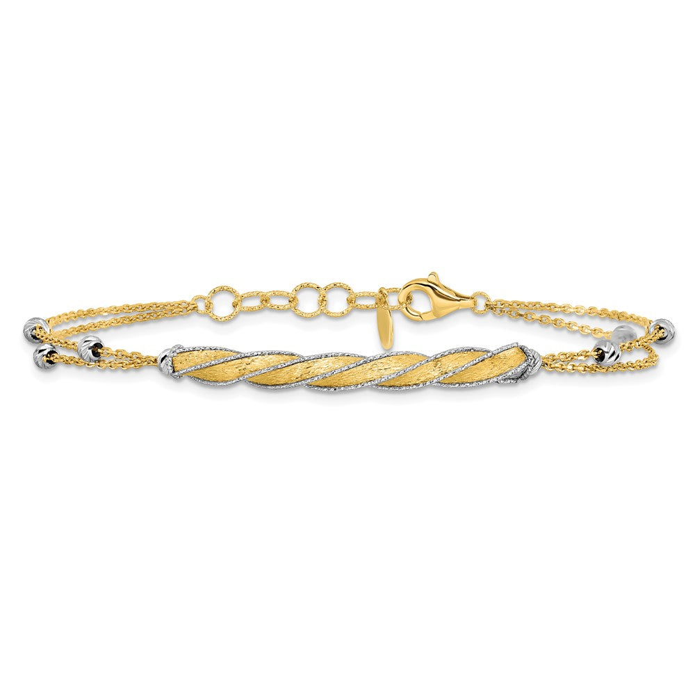 14K Two Tone Polish/Satin/Dia Cut Fancy Bar 1In Ext. Bracelet