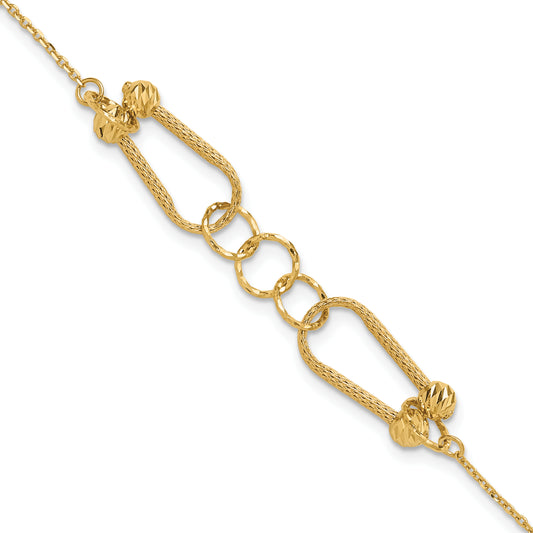14K Yellow Gold Polished And Diamond Cut Fancy Link With 1In Ext. Bracelet