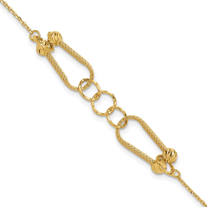 14K Yellow Gold Polished And Diamond Cut Fancy Link With 1In Ext. Bracelet