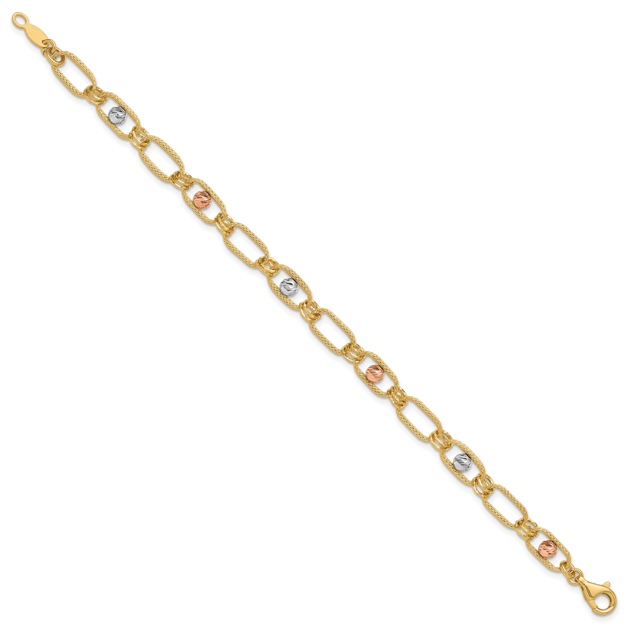14K Tri Color Polished/Textured/Dia Cut Fancy Link Bracelet