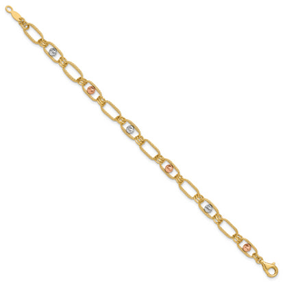 14K Tri Color Polished/Textured/Dia Cut Fancy Link Bracelet