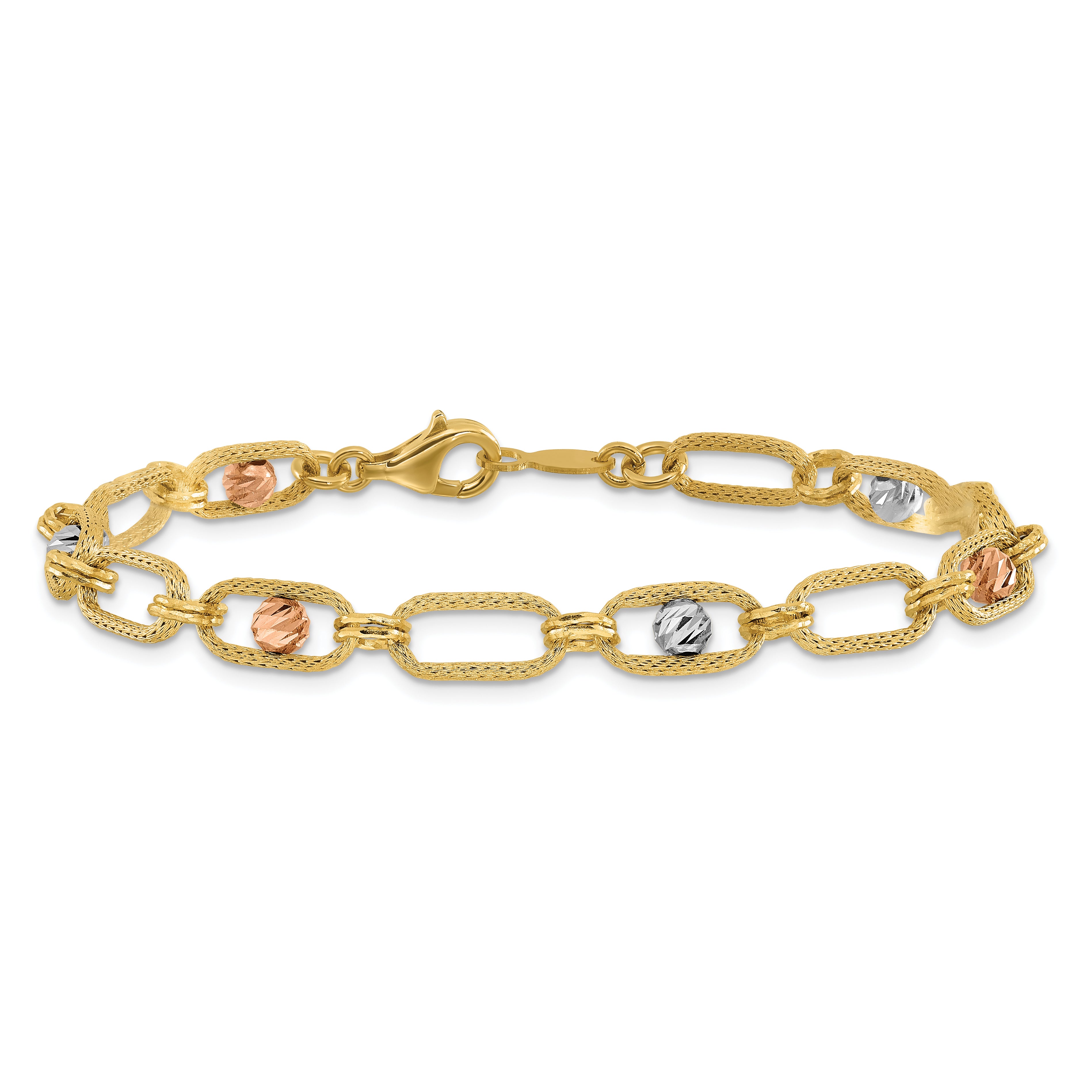 14K Tri Color Polished/Textured/Dia Cut Fancy Link Bracelet