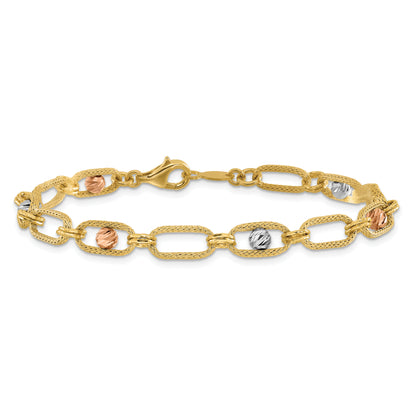 14K Tri Color Polished/Textured/Dia Cut Fancy Link Bracelet