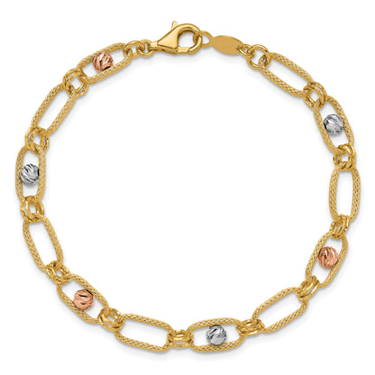 14K Tri Color Polished/Textured/Dia Cut Fancy Link Bracelet