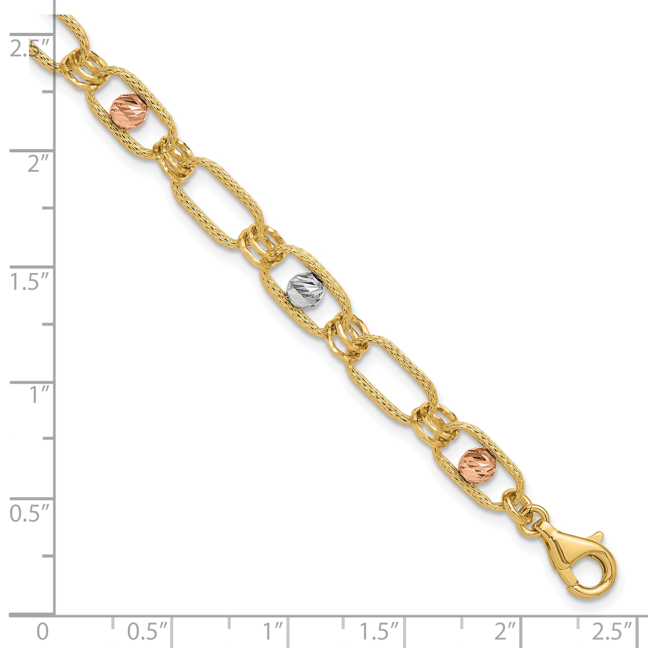 14K Tri Color Polished/Textured/Dia Cut Fancy Link Bracelet