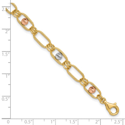 14K Tri Color Polished/Textured/Dia Cut Fancy Link Bracelet