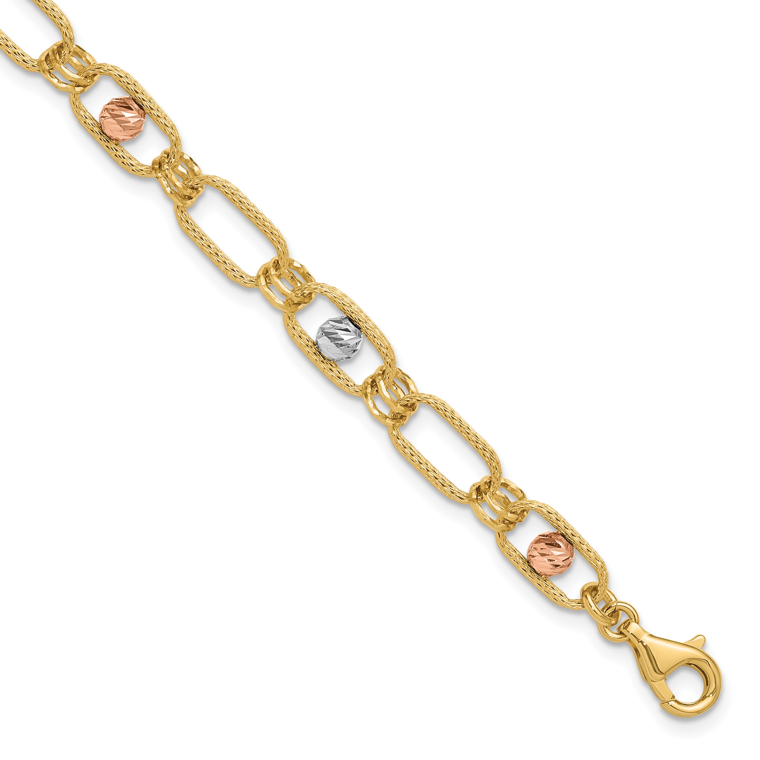 14K Tri Color Polished/Textured/Dia Cut Fancy Link Bracelet