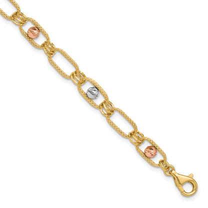 14K Tri Color Polished/Textured/Dia Cut Fancy Link Bracelet
