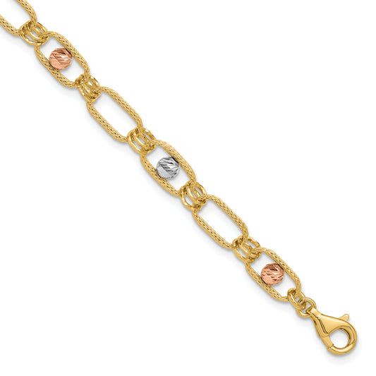 14K Tri Color Polished/Textured/Dia Cut Fancy Link Bracelet