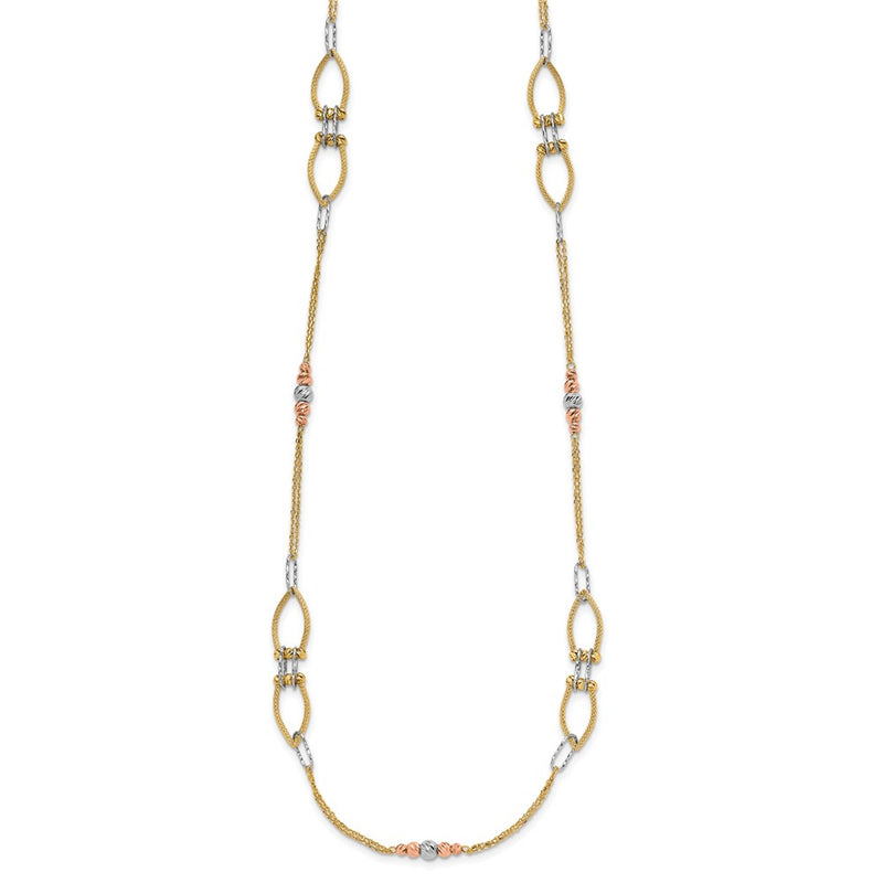 14K Tri Color Polish/Textured/Dia Cut Fancy 1.5In Ext. Necklace