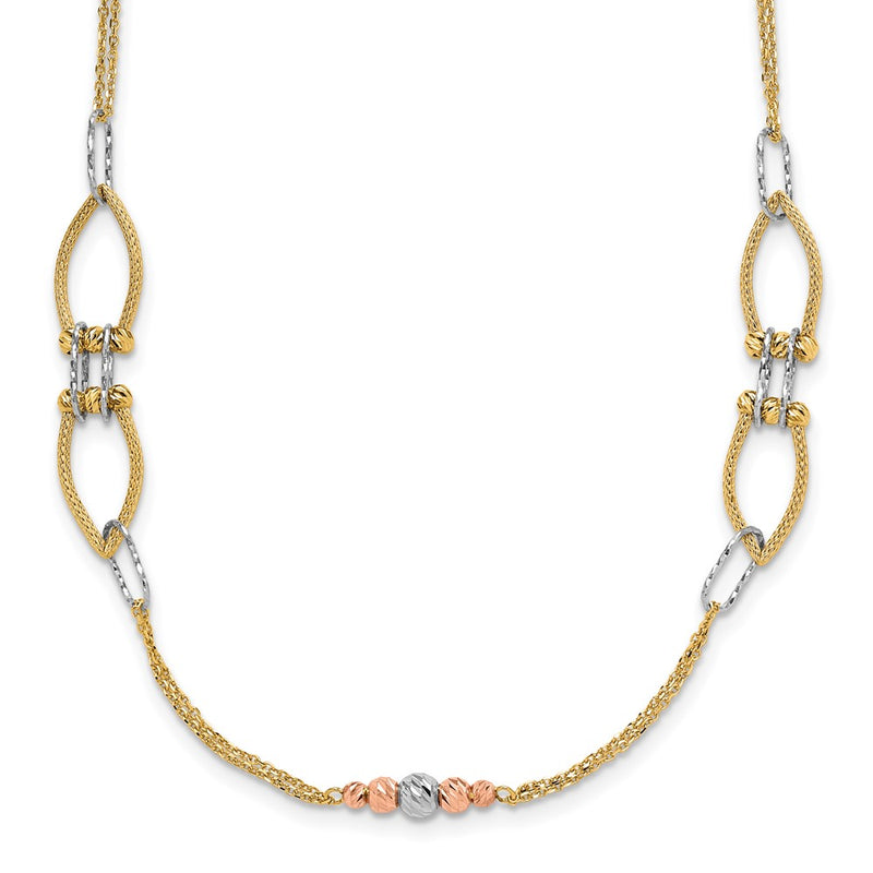 14K Tri Color Polish/Textured/Dia Cut Fancy 1.5In Ext. Necklace
