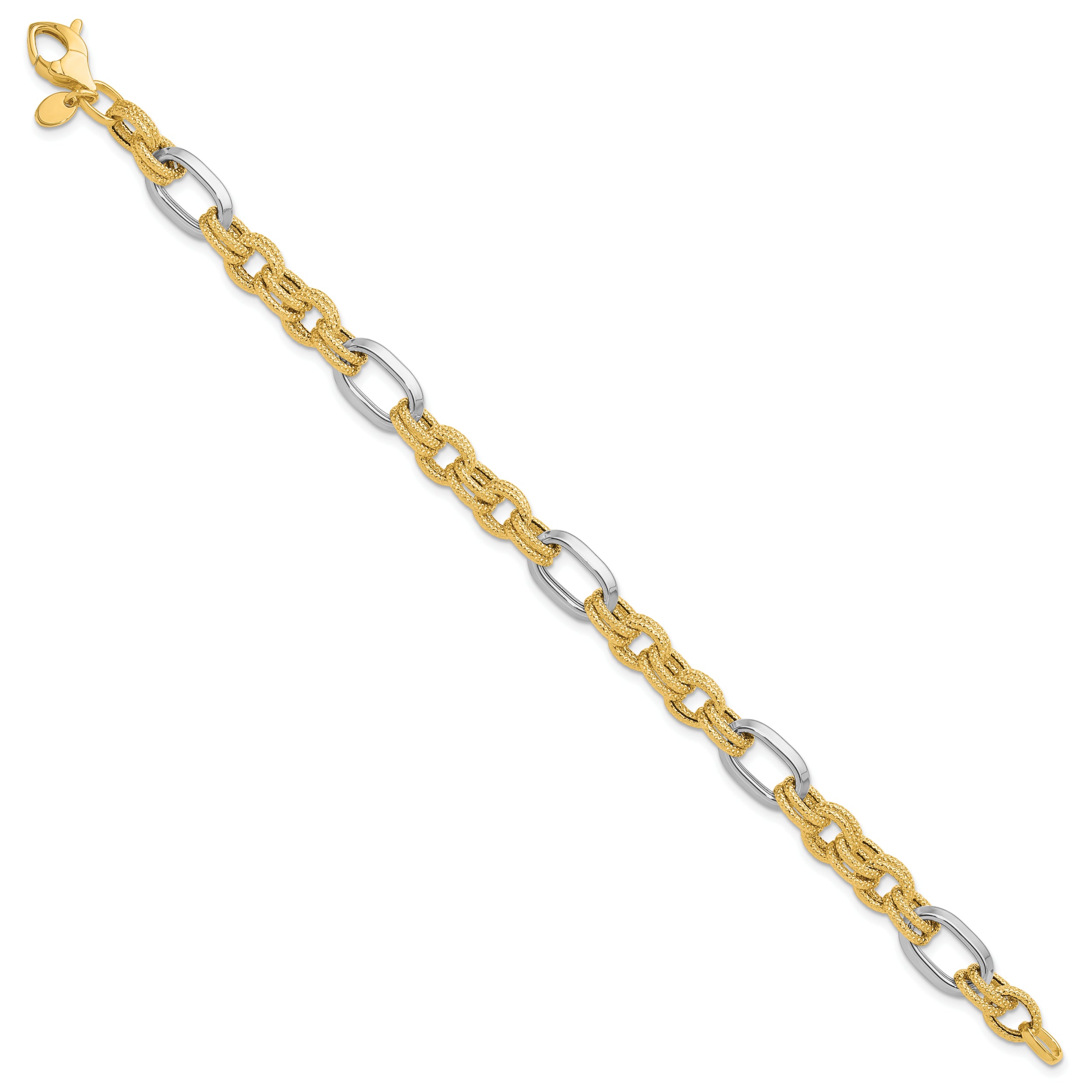 14K Two Tone Polished And Textured Fancy Link Bracelet