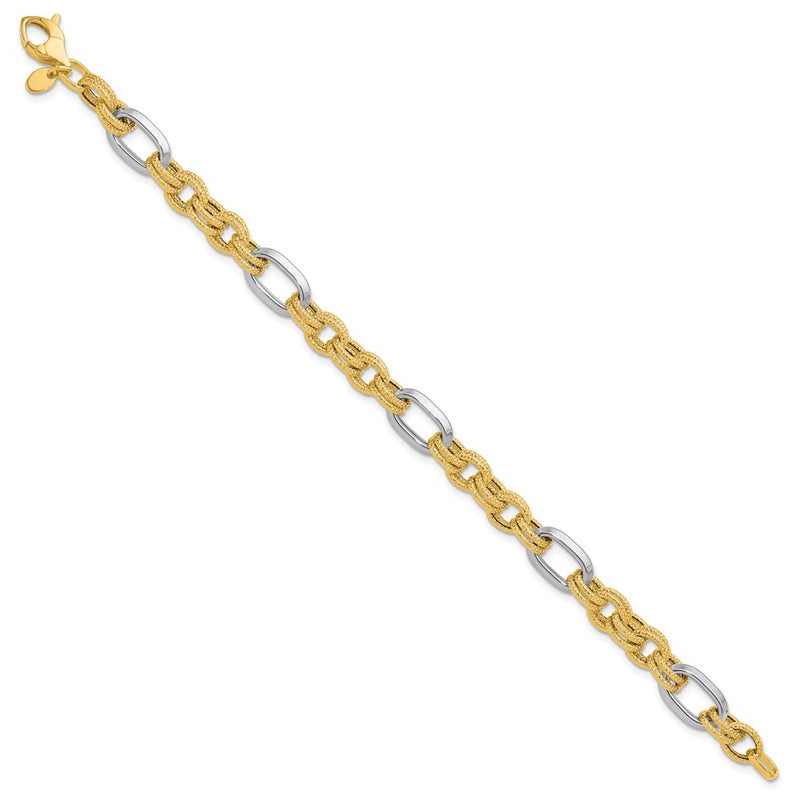 14K Two Tone Polished And Textured Fancy Link Bracelet