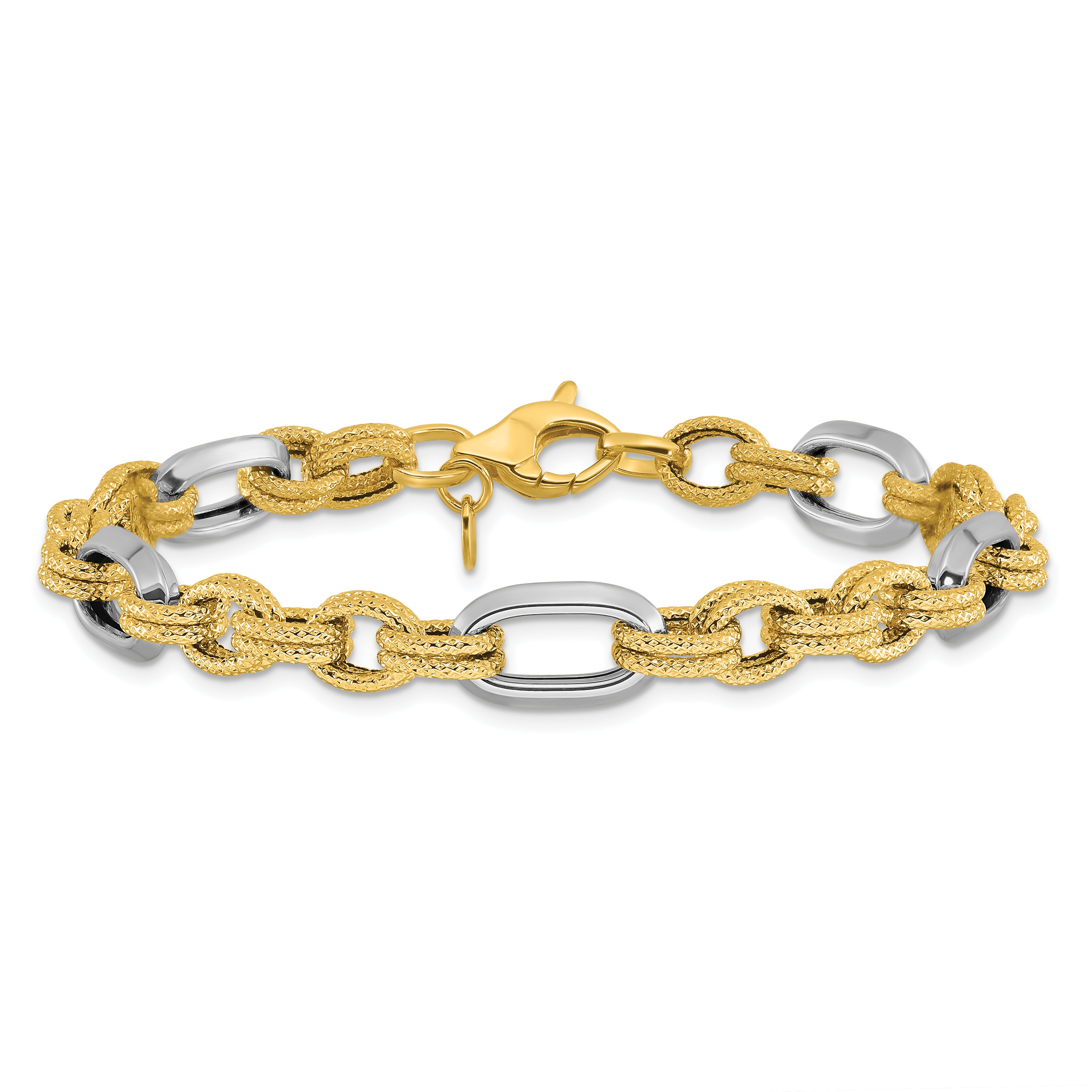 14K Two Tone Polished And Textured Fancy Link Bracelet