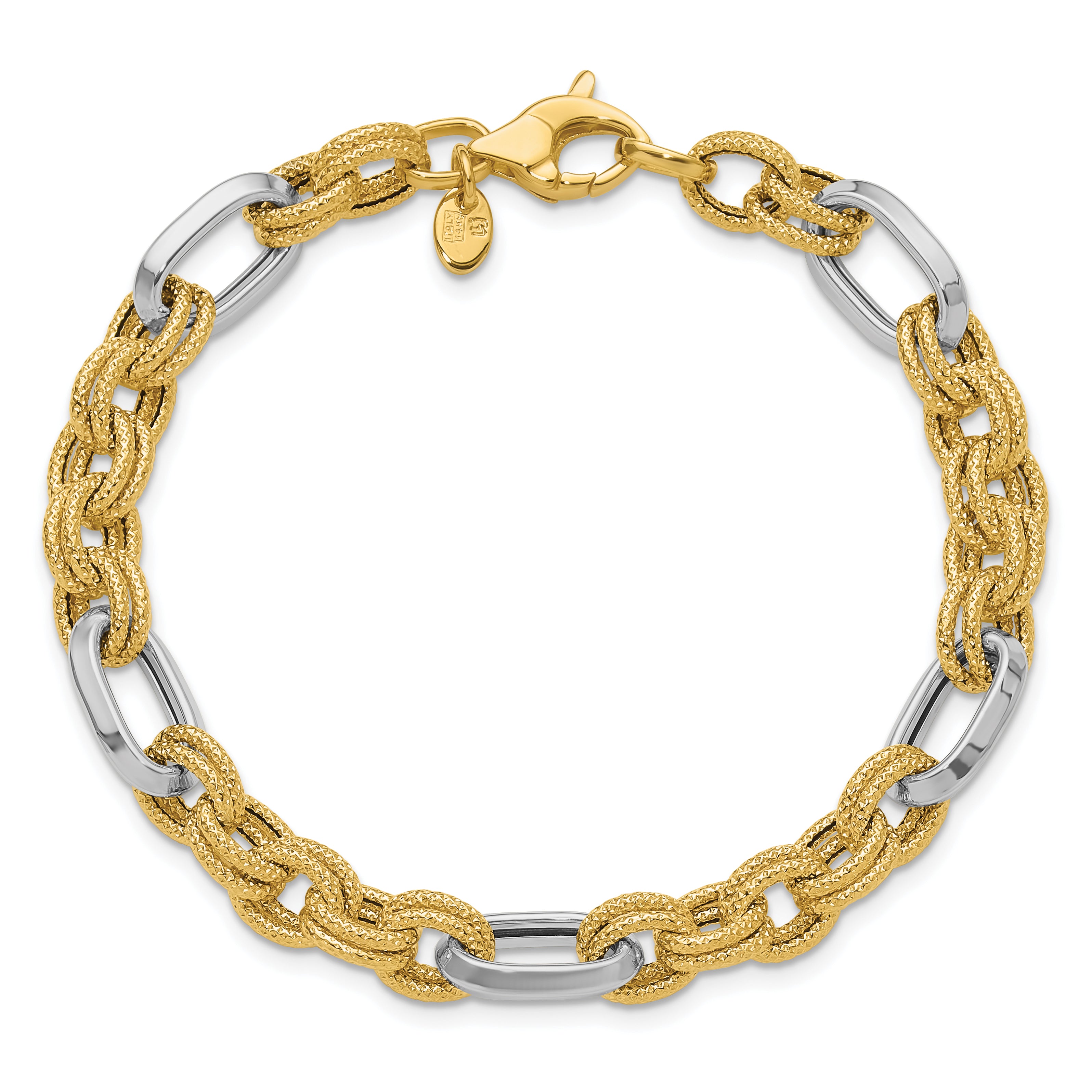 14K Two Tone Polished And Textured Fancy Link Bracelet