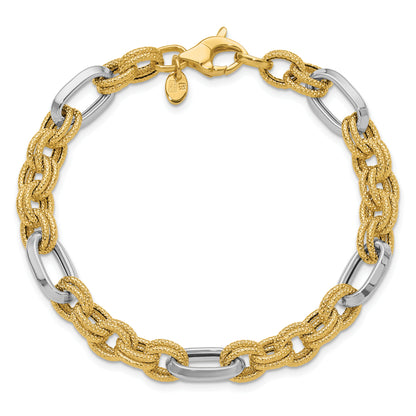 14K Two Tone Polished And Textured Fancy Link Bracelet