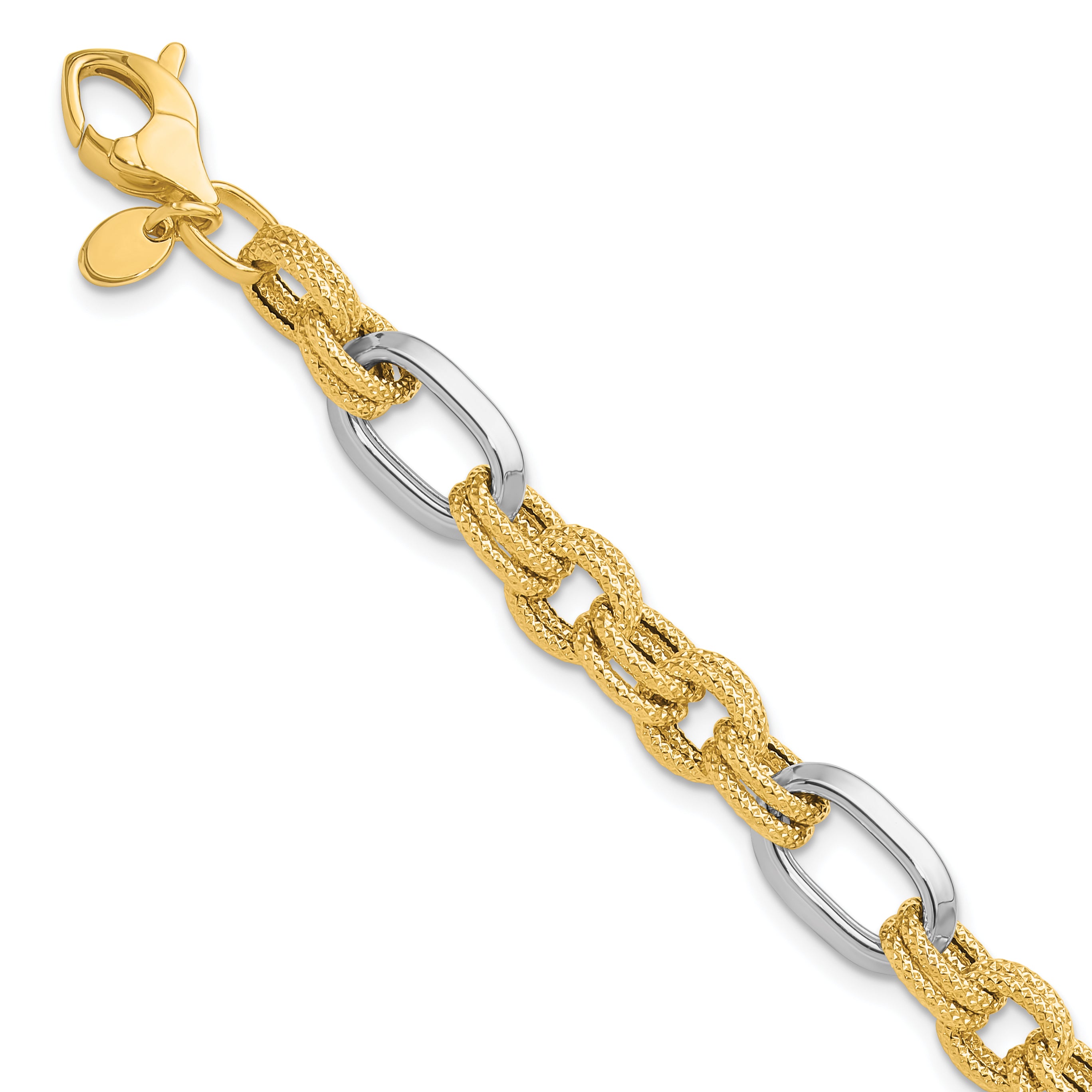 14K Two Tone Polished And Textured Fancy Link Bracelet