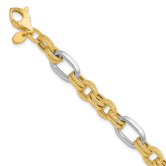 14K Two Tone Polished And Textured Fancy Link Bracelet