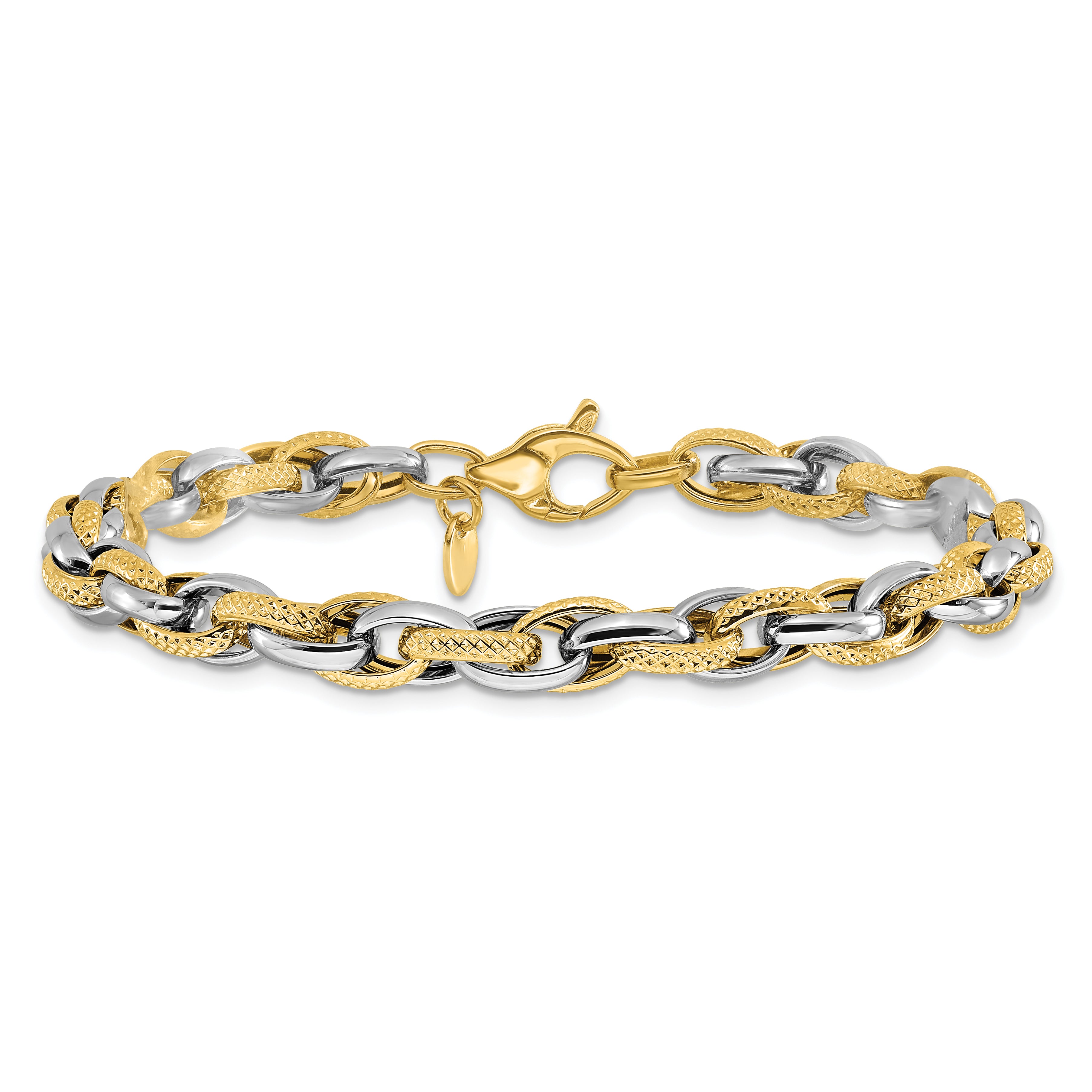 14K Two Tone Polished And Textured Fancy Link Bracelet