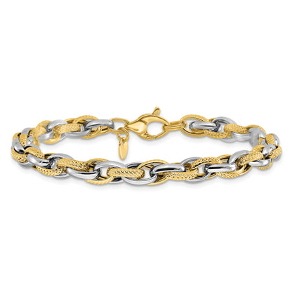 14K Two Tone Polished And Textured Fancy Link Bracelet