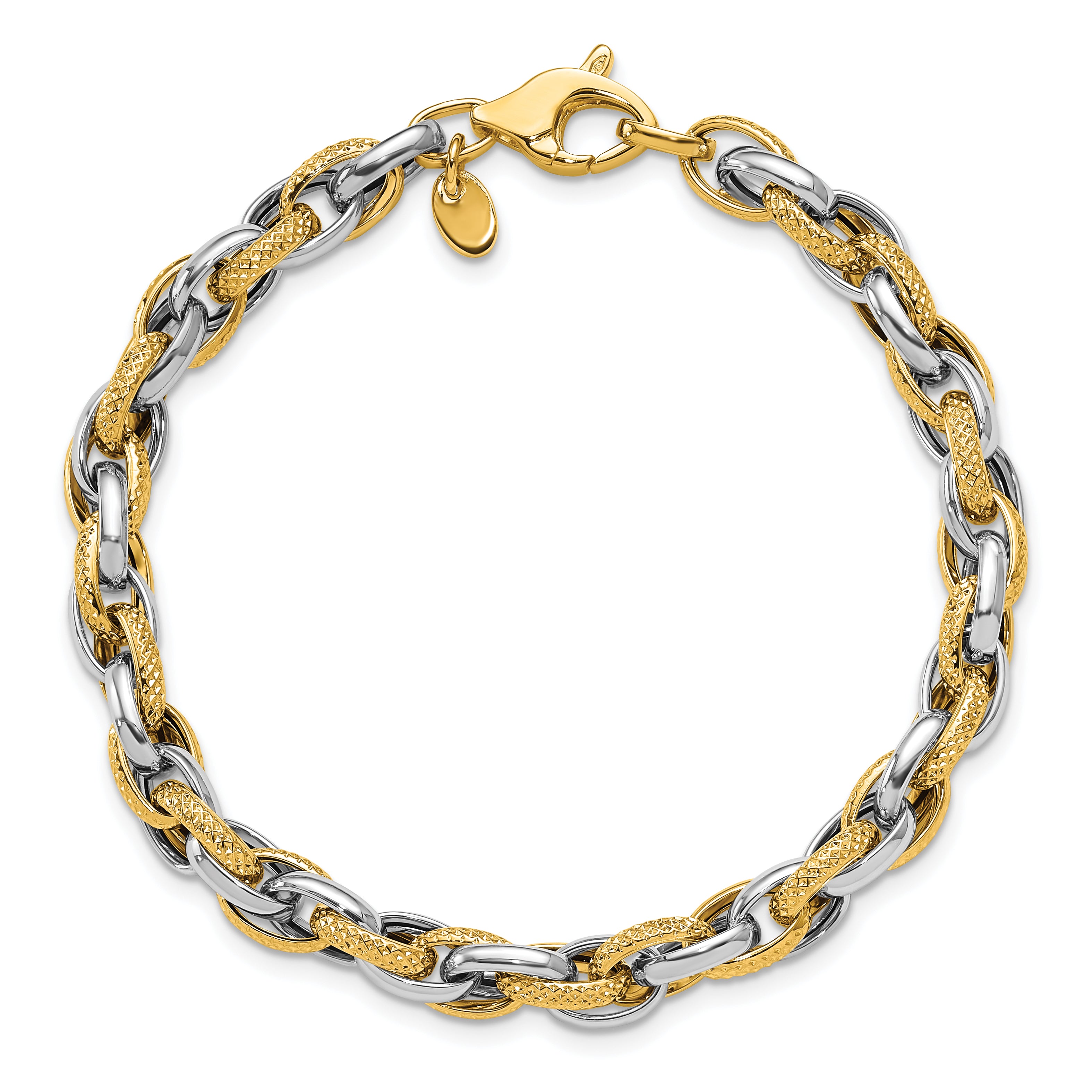 14K Two Tone Polished And Textured Fancy Link Bracelet