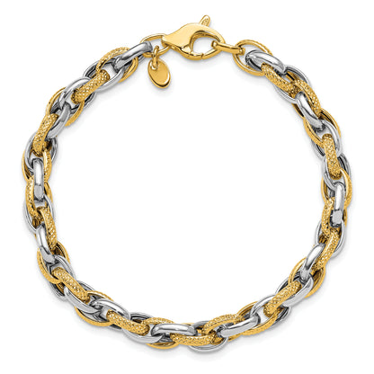 14K Two Tone Polished And Textured Fancy Link Bracelet