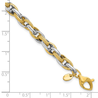14K Two Tone Polished And Textured Fancy Link Bracelet