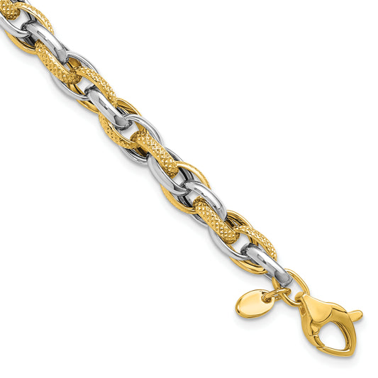 14K Two Tone Polished And Textured Fancy Link Bracelet
