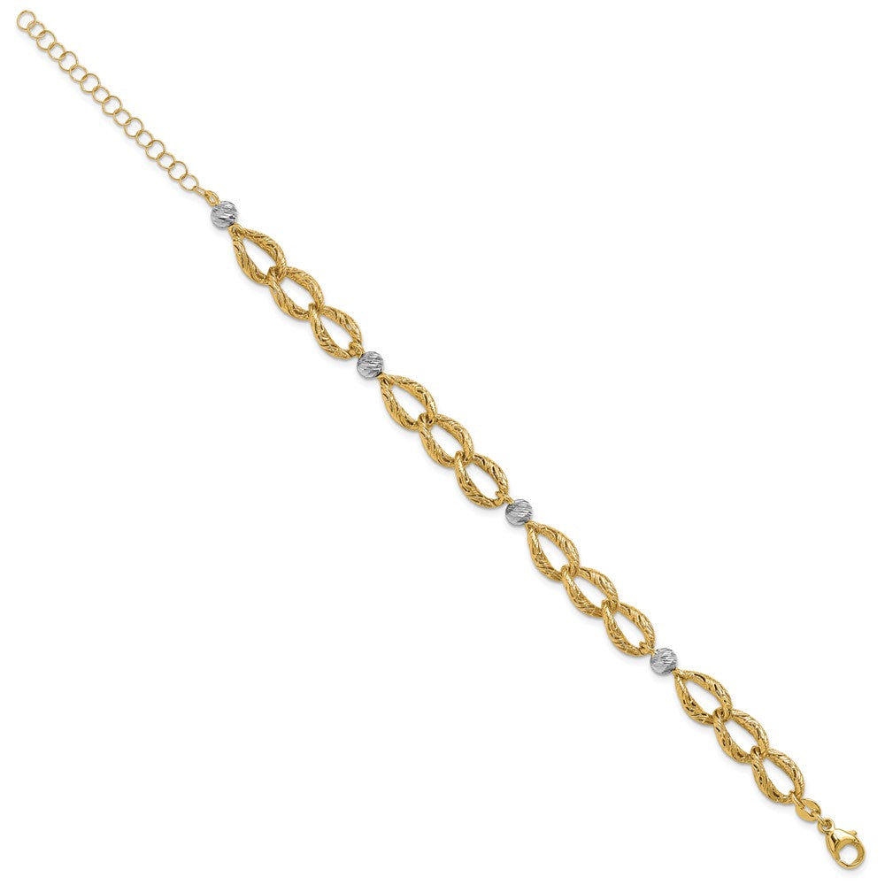 14K Two Tone Polished/Textured/Dia Cut 2In Ext. Bracelet