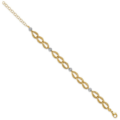 14K Two Tone Polished/Textured/Dia Cut 2In Ext. Bracelet