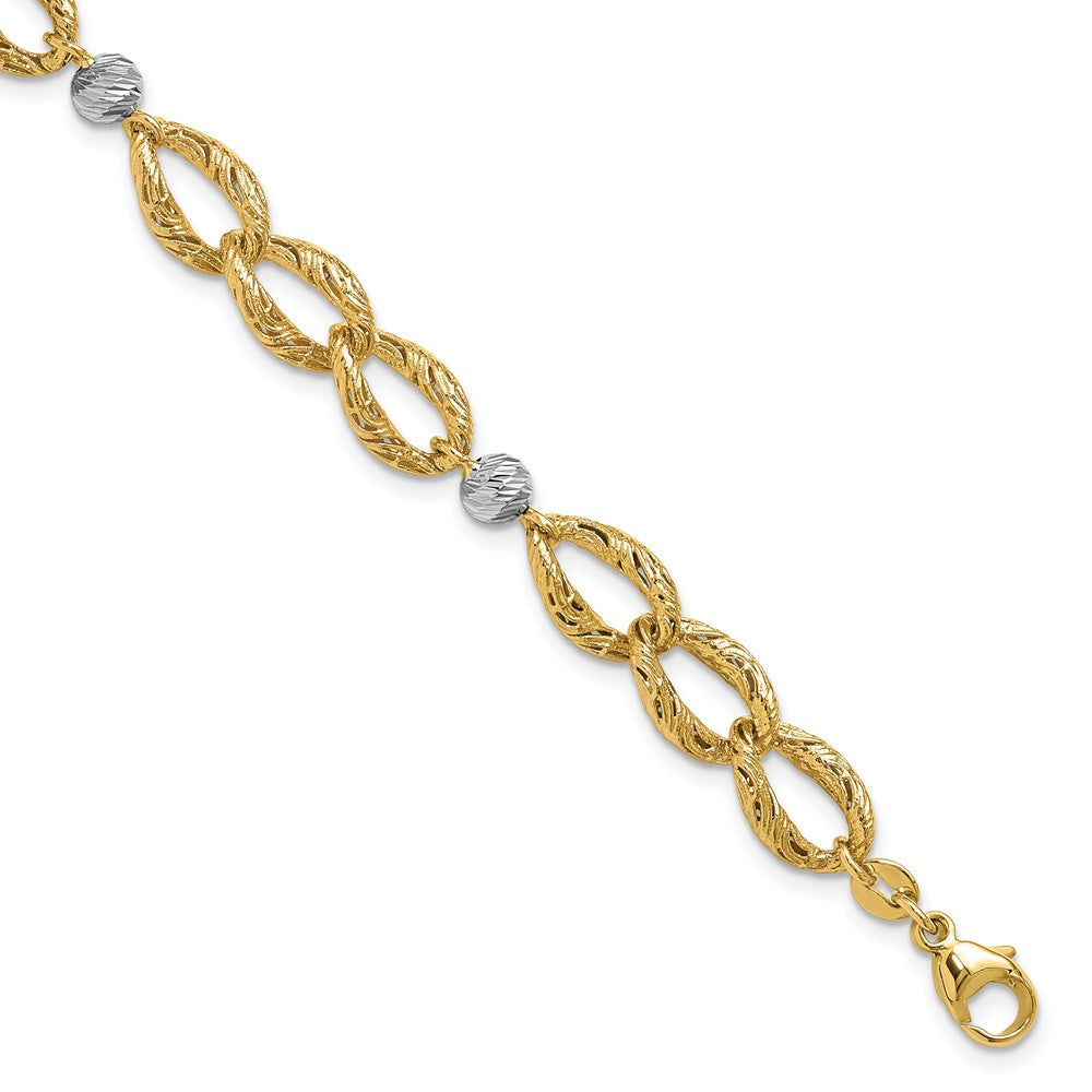 14K Two Tone Polished/Textured/Dia Cut 2In Ext. Bracelet