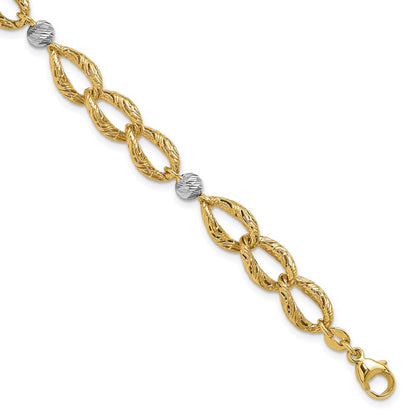 14K Two Tone Polished/Textured/Dia Cut 2In Ext. Bracelet