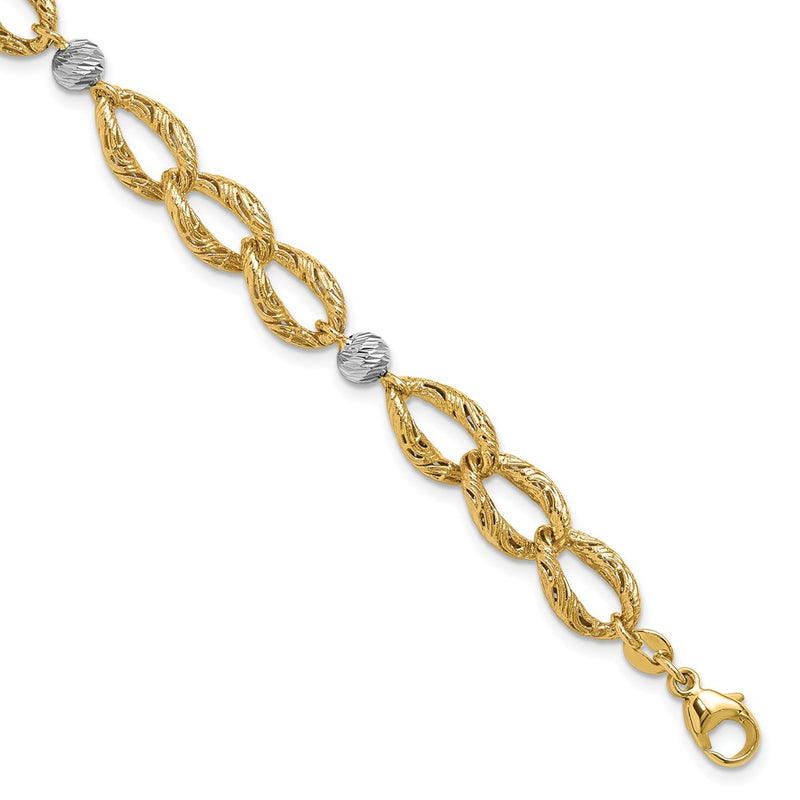 14K Two Tone Polished/Textured/Dia Cut 2In Ext. Bracelet